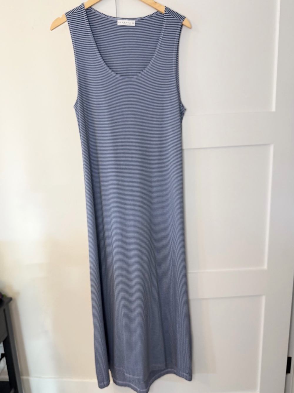 bryn Walker Sleeveless Navy and Lavender Striped Maxi Dress